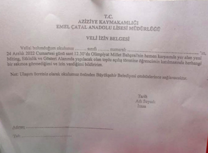 AKP mitingi için velilere izin formu dağıtıldı