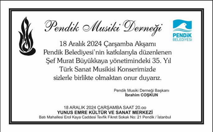 Pendik Musiki Derneği’nin Türk Sanat Musikisi Konseri 18 Aralık’ta