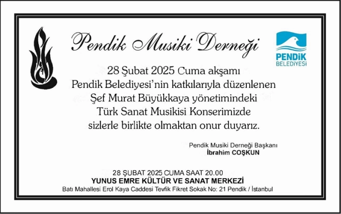 Pendik Musiki Derneği’nin Türk Sanat Musikisi Konseri 28 Şubat’ta