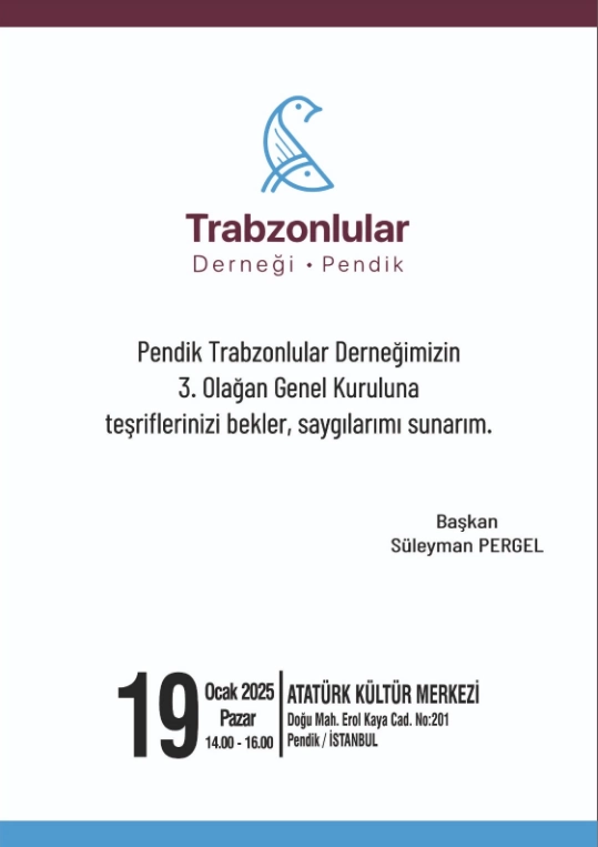 Pendik Trabzonlular Derneği’nin Genel Kurulu 19 Ocak’ta