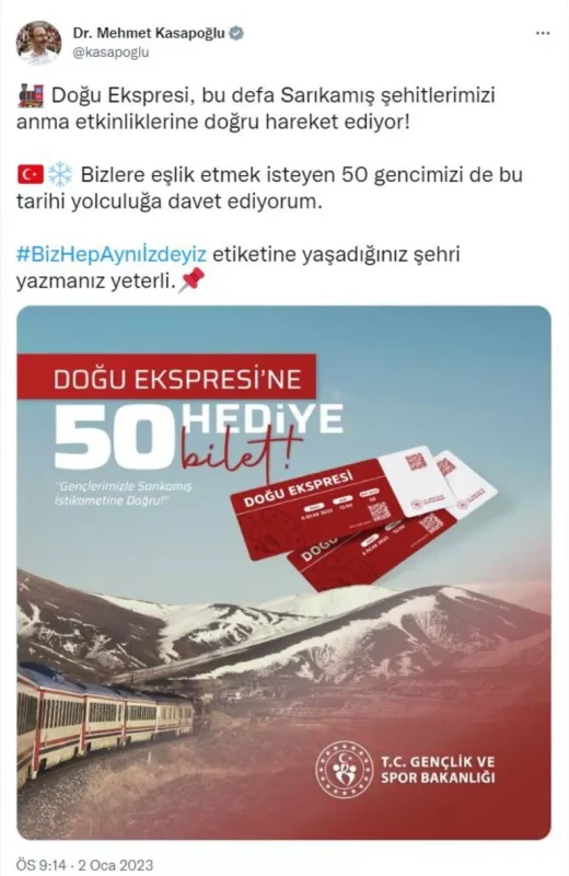 Bakanlık, 50 genci Sarıkamış anmasına Doğu Ekspresi ile götürecek